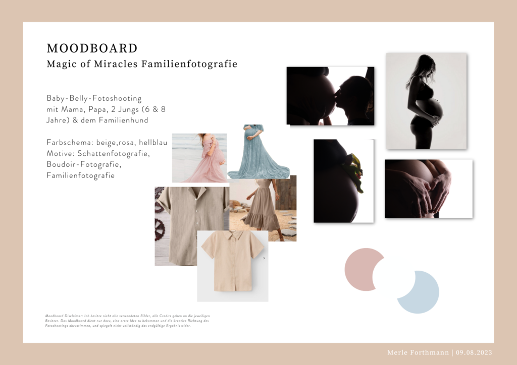 Moodboard für ein Babybauch-Fotoshooting. Farbschema: rosa, beige, hellblau. Motive: Schatten-Fotografie, Boudoir-Fotografie, Familienfotografie