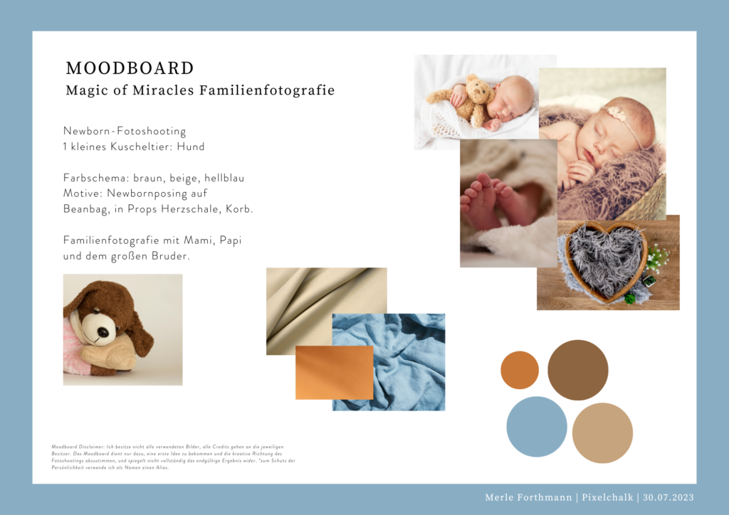 Moodboard für ein Newborn Fotoshooting. Farbschema hellblau, beige, braun. Motive: Beanbag, Herzschale, Korb